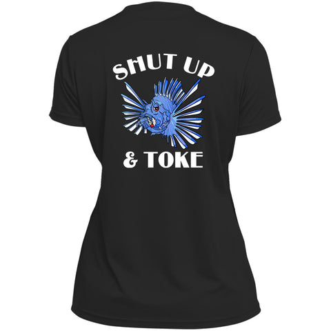 TRIPPIE HOOKS Shut Up & Toke Ladies’ Moisture-Wicking V-Neck Tee